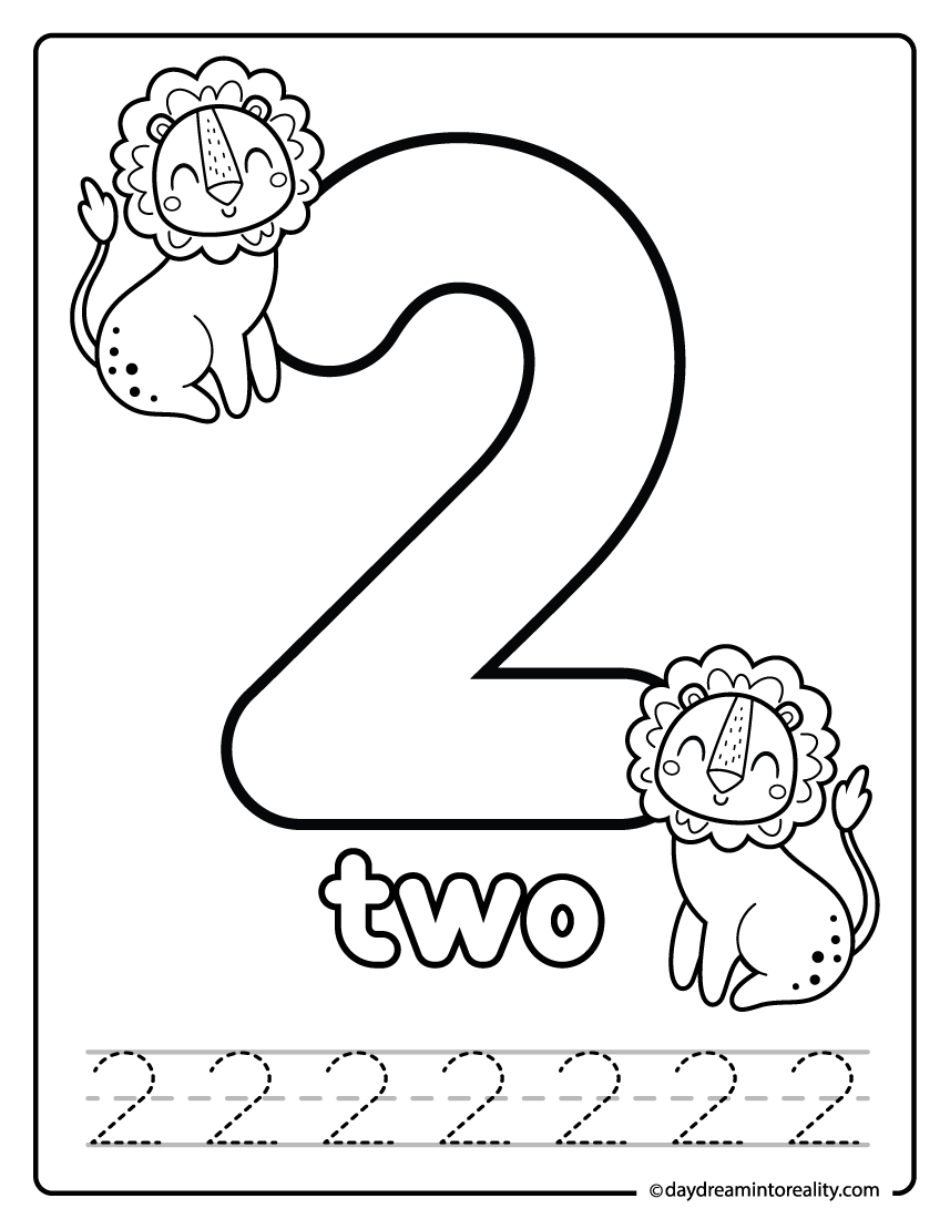 Number two tracing and coloring worksheet with lions for preschool.