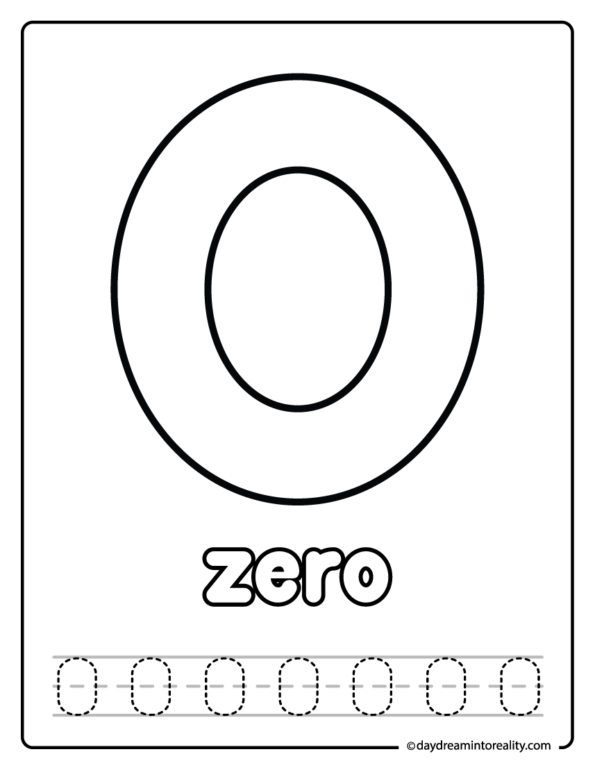 Number zero tracing and coloring worksheet printable for preschool math practice.