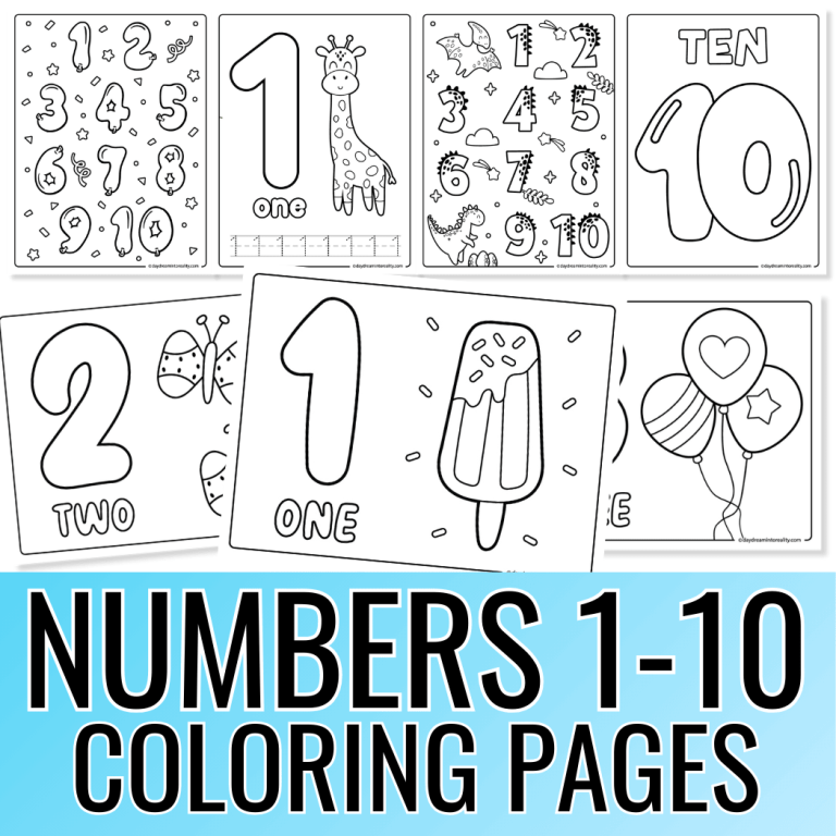 Free printable numbers 1-10 coloring pages for preschool and kindergarten with counting and tracing activities.