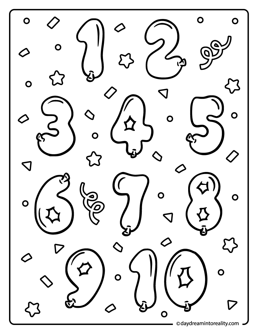 Fun balloon numbers one to ten coloring page with confetti decorations for kids.