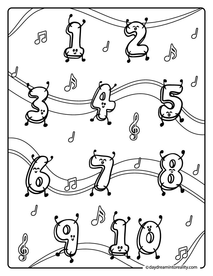 Dancing numbers one to ten coloring page printable with music theme.