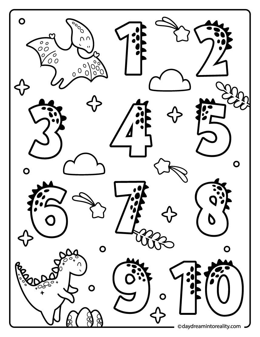 Dinosaur numbers one to ten coloring page printable for kids.