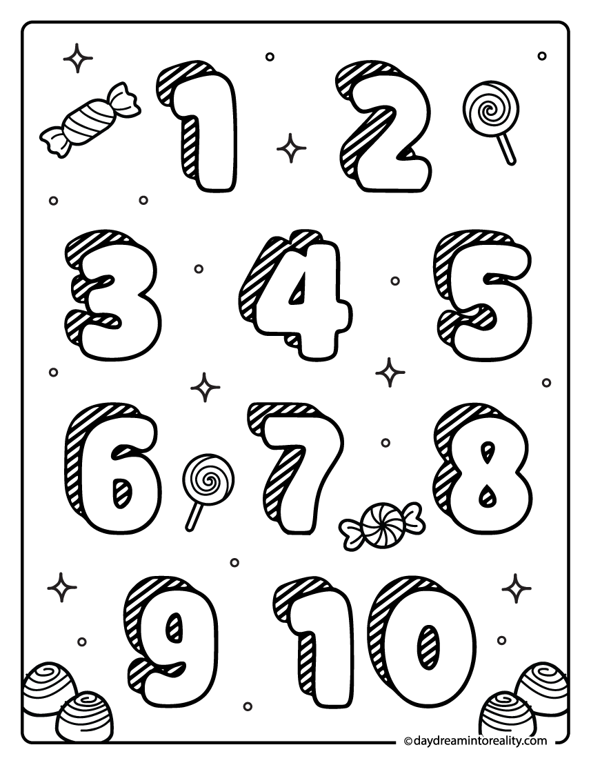 Candy themed numbers one to ten coloring sheet for kids learning numbers.