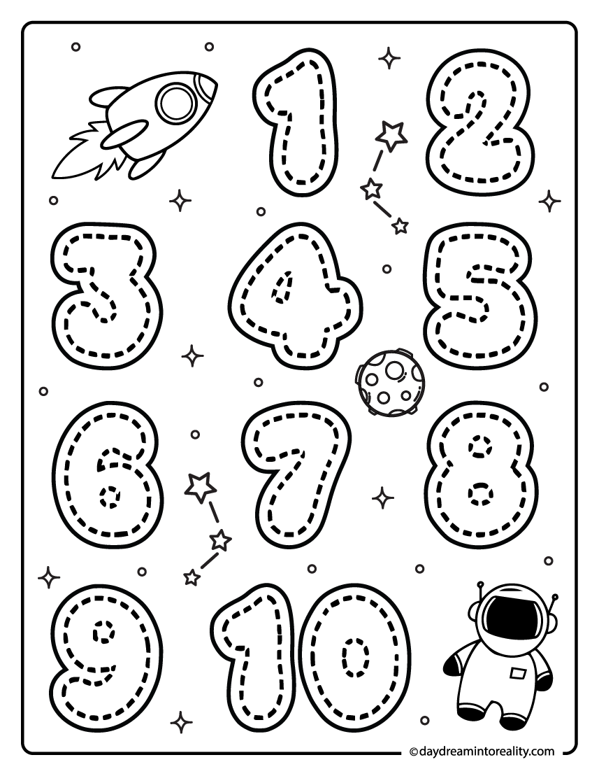 Space themed numbers one to ten coloring page printable with rocket and astronaut.
