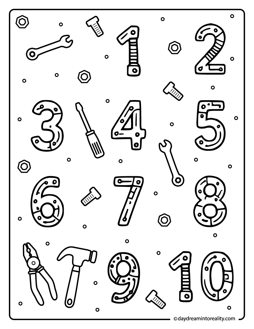 Construction tools numbers one to ten coloring page printable.