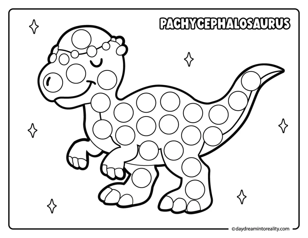 Pachycephalosaurus dot marker printable for preschool kids featuring a dome headed dinosaur.