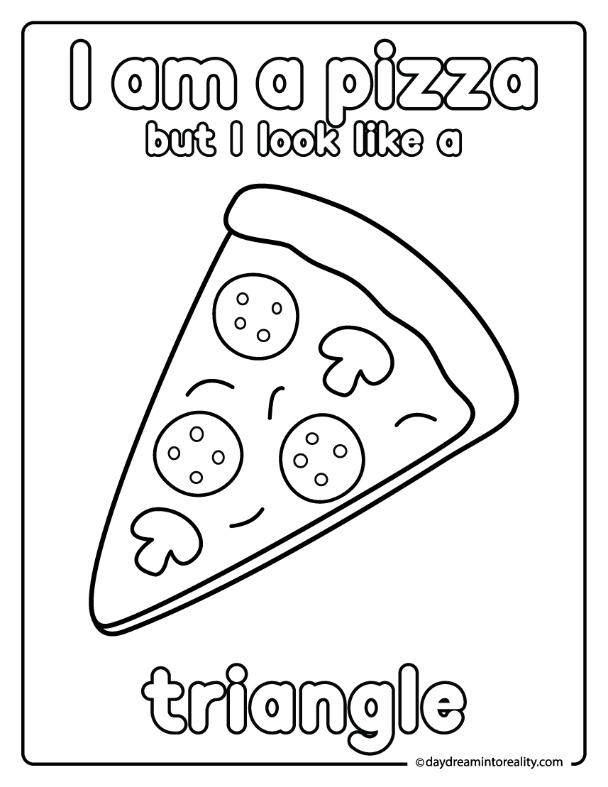 Pizza slice coloring page that teaches triangle shape recognition.