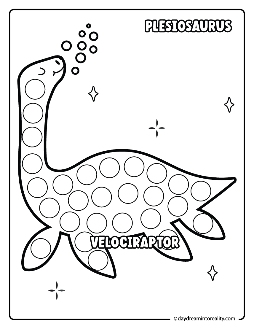 Plesiosaurus dot marker printable for preschool kids featuring a sea dinosaur with bubbles.