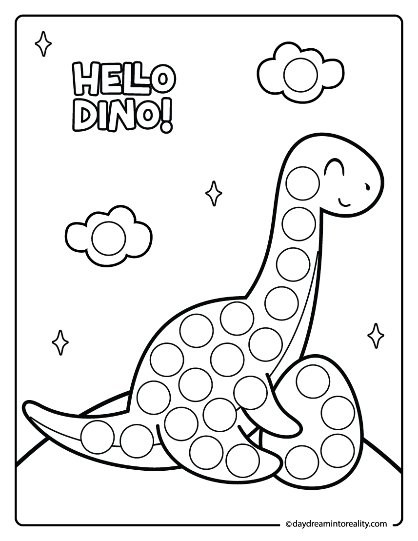 Long neck dinosaur dot marker printable for preschool kids featuring a sitting dinosaur with a dinosaur egg.