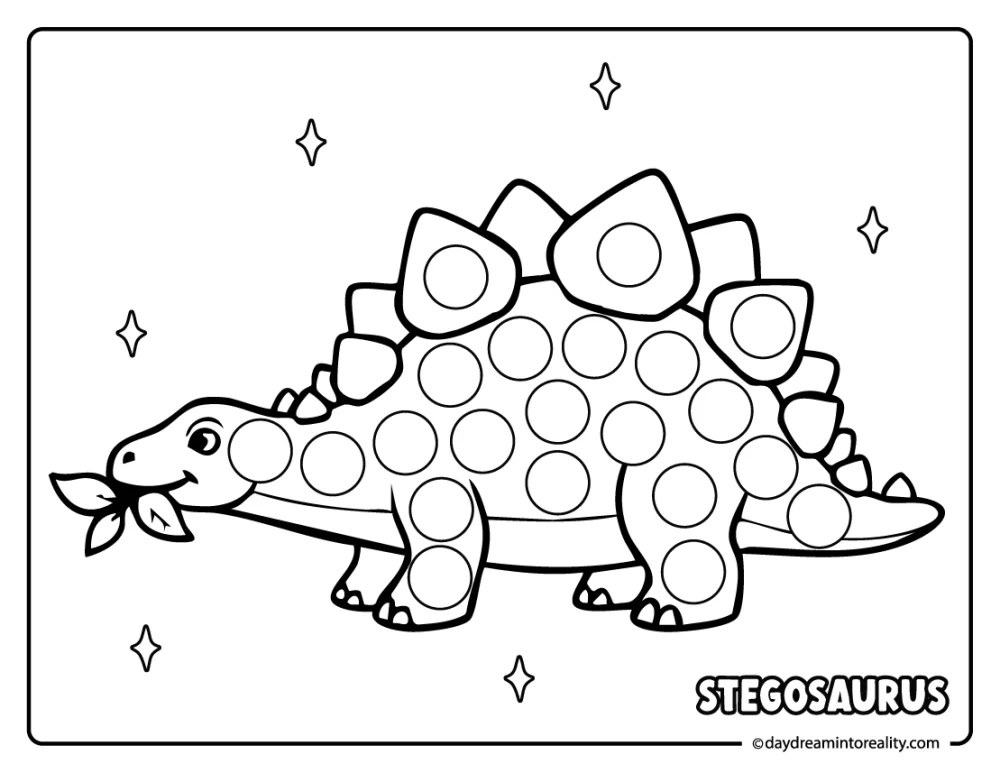 Stegosaurus dot marker printable for preschool kids featuring a spiky dinosaur with circles for a fun dot marker activity.