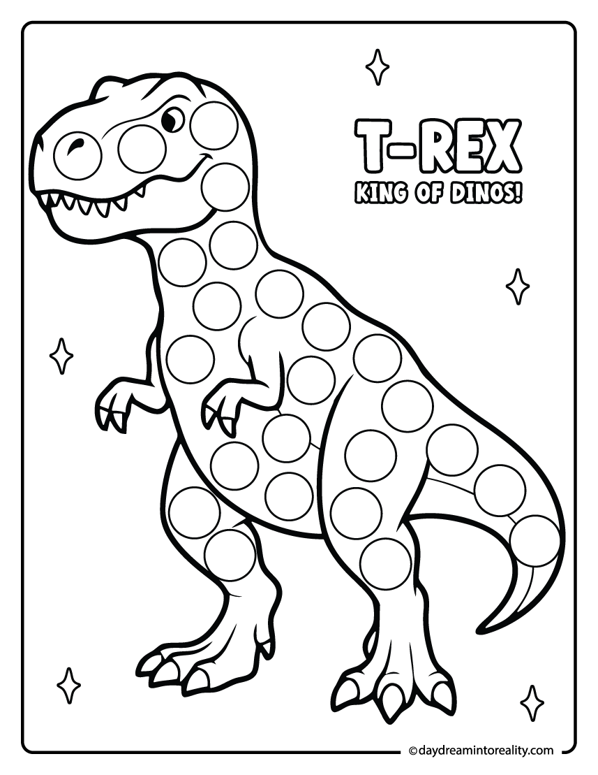 T rex dot marker printable for preschool kids featuring a smiling dinosaur with circles for a fun dot marker activity.