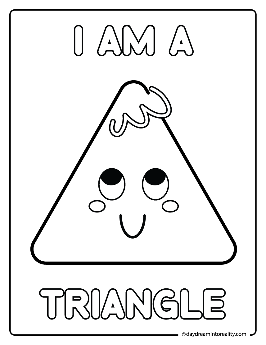 Triangle coloring page with simple smiling shape character for kids.