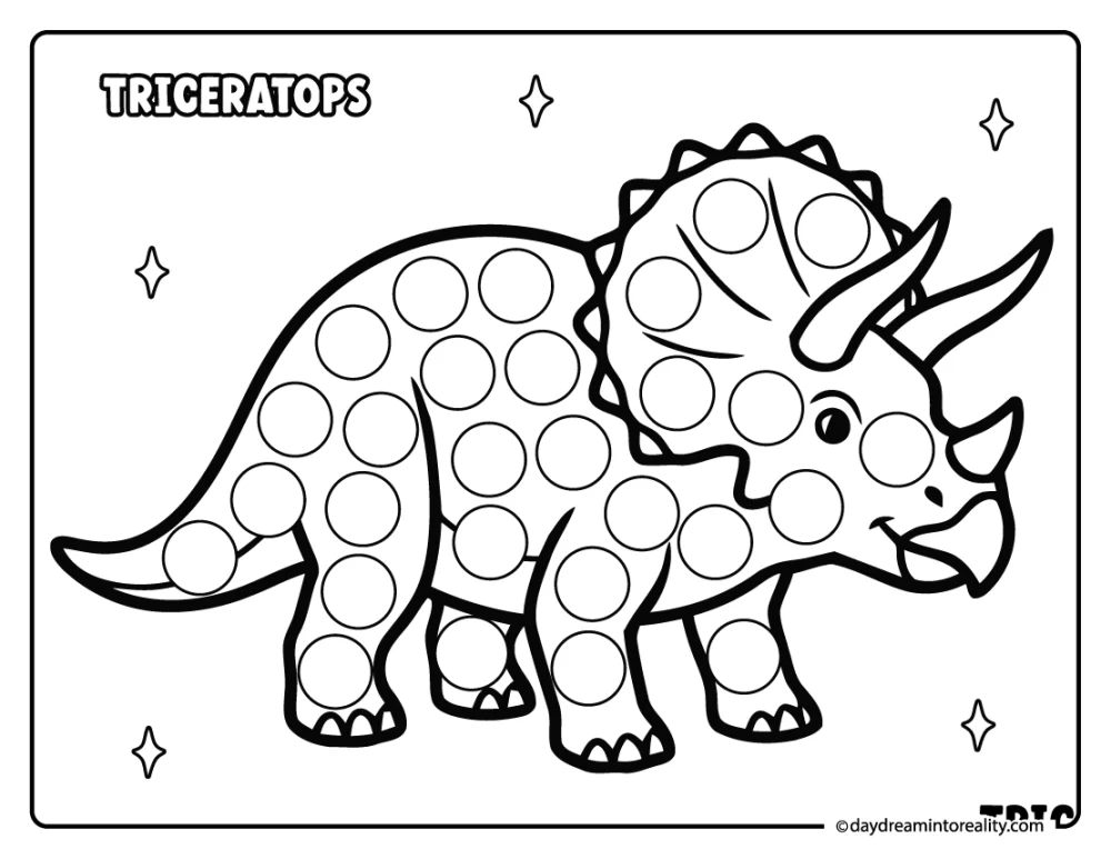 Triceratops dot marker printable for preschool kids featuring a horned dinosaur with circles for a fun dot marker activity.
