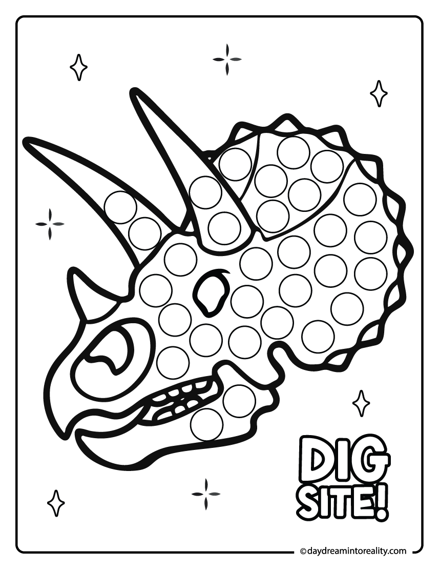 Triceratops skull dot marker printable for preschool kids featuring a fossil skull with circles for a fun dot marker activity.