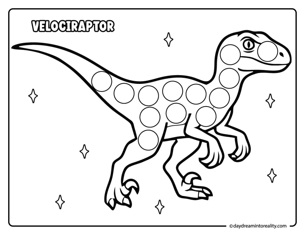 Velociraptor dot marker printable for preschool kids featuring a running dinosaur with circles for a fun dot marker activity.