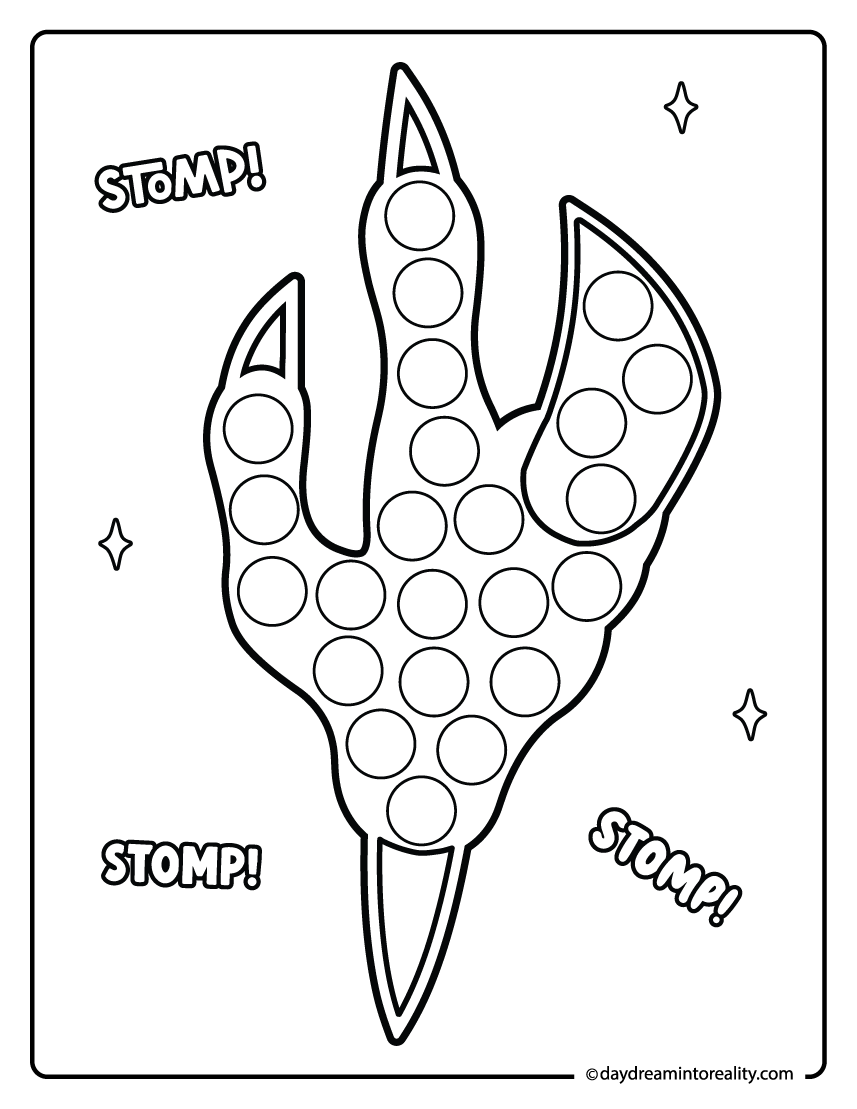 Velociraptor footprint dot marker printable for preschool kids featuring a large three toed track for an easy dot marker activity.