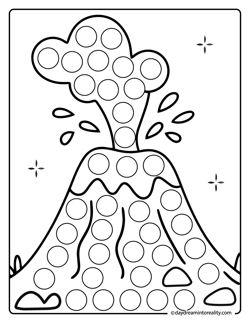 Volcano dot marker printable for preschool kids featuring an erupting volcano with circles for a fun dinosaur themed activity.