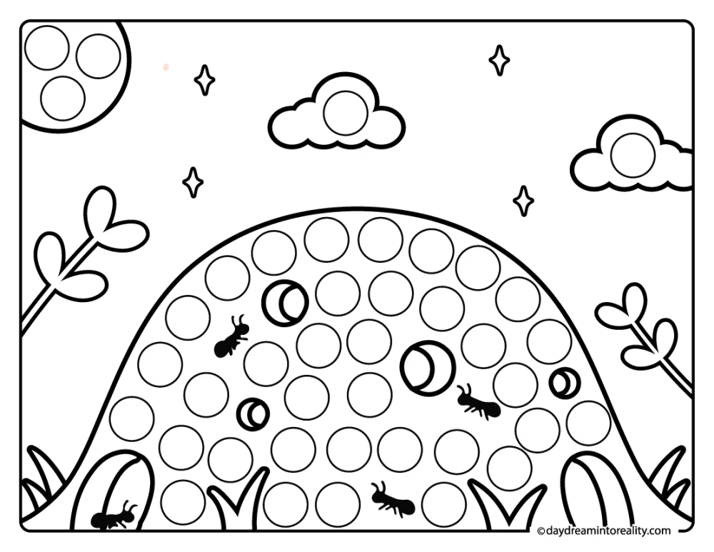 Anthill dot painting pages with ants for preschool kids. This scene-based activity builds fine motor skills through dot placement.