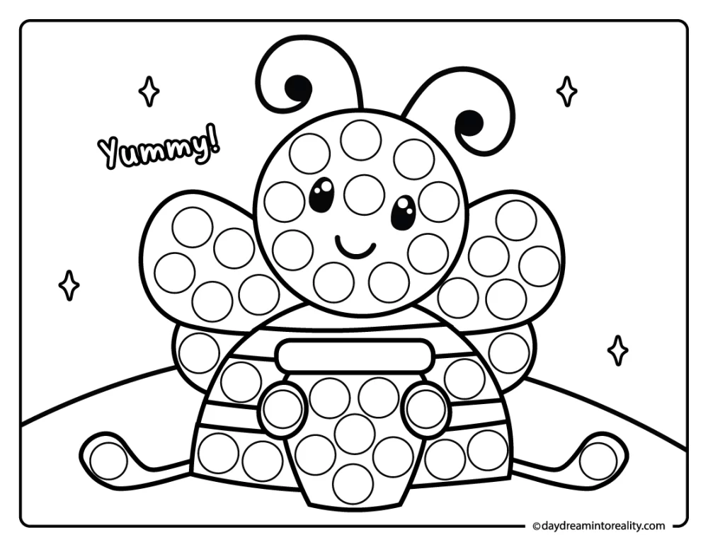 Bee with honey pot dab a dot activity for preschool and pre-k kids. A fun fine motor skills page with an insect theme.