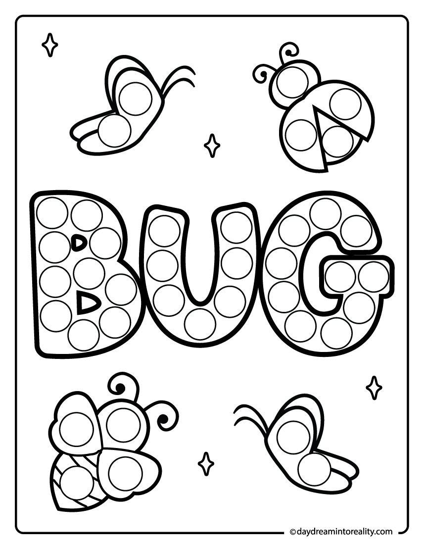 Bug word dot marker pages for preschool kids. A learning activity that supports fine motor skills and early word recognition.