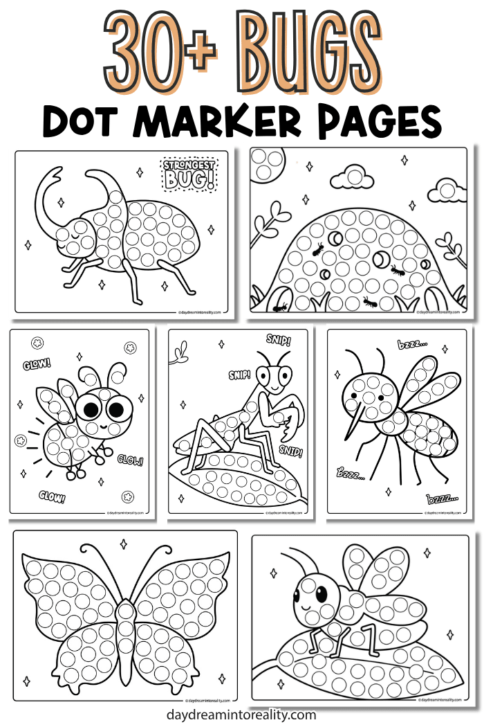 Fun bugs dot painting pages for pre-k kids with simple insect designs. Great fine motor skills activity using dot markers or daubers.