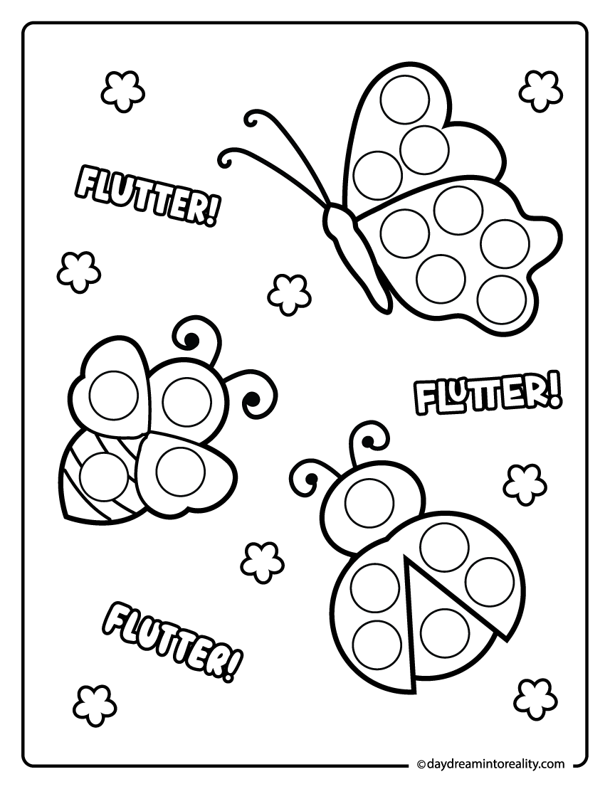 Butterfly bee and ladybug dab a dot pages for preschool kids. A fun insect activity that supports fine motor skills and early learning.