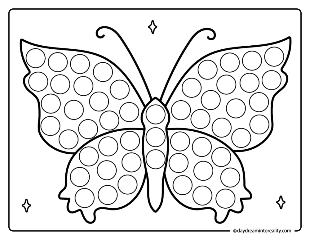 Butterfly dot painting pages for preschool kids. A creative activity that helps develop fine motor skills.
