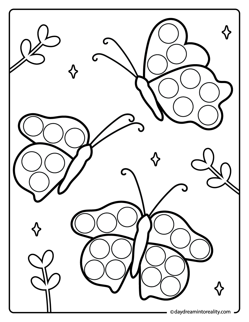 Butterfly group dab a dot pages for preschool kids. A fun fine motor skills activity with multiple insects to decorate.