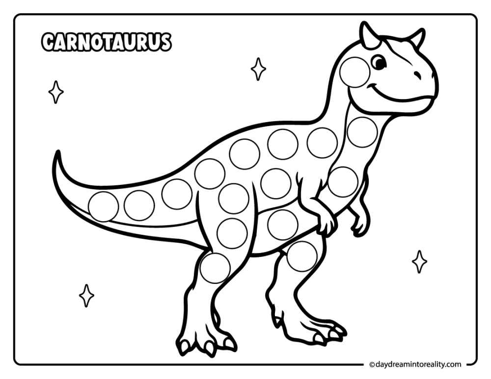 Carnotaurus dot marker printable worksheet for kids.