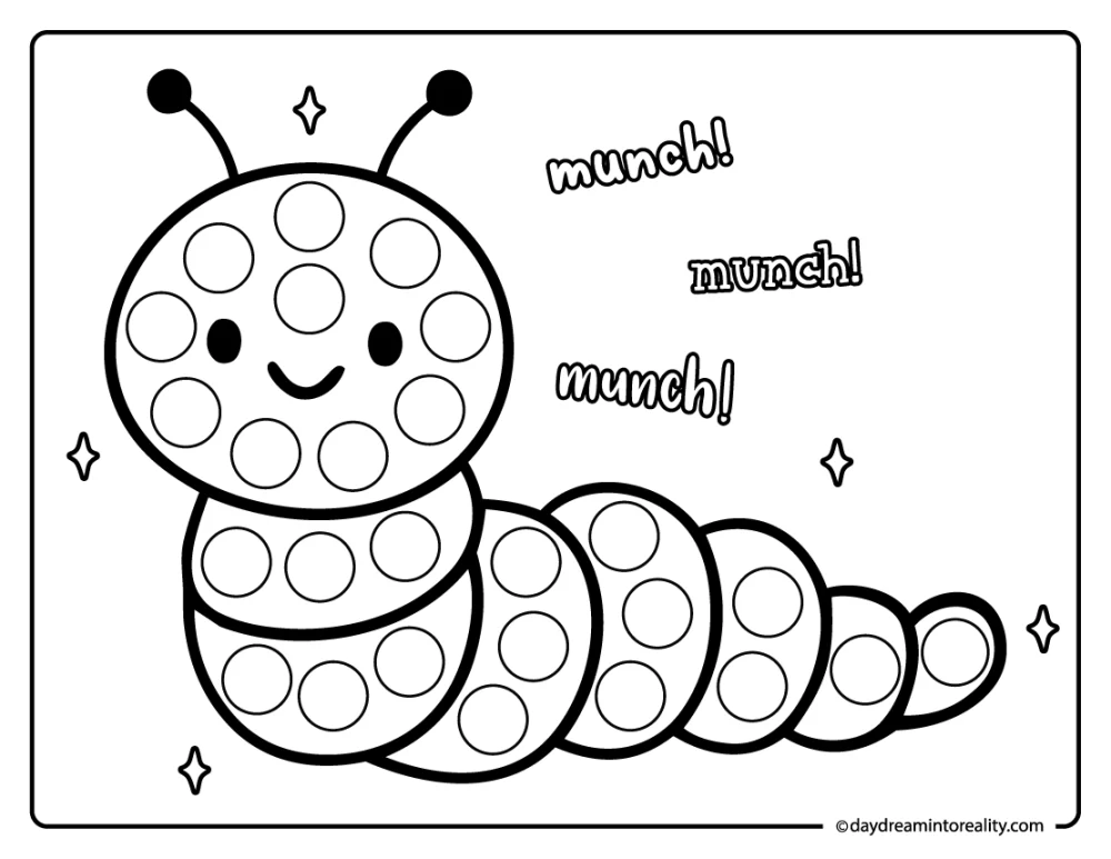 Caterpillar dot painting printable for preschool kids. This insect activity helps build fine motor skills and early learning.
