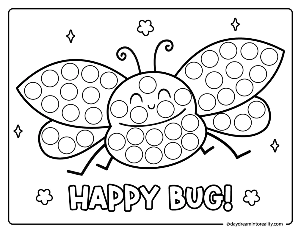 Cute flying bug dab a dot pages for preschool and pre-k kids. A fun fine motor skills activity using dot markers.