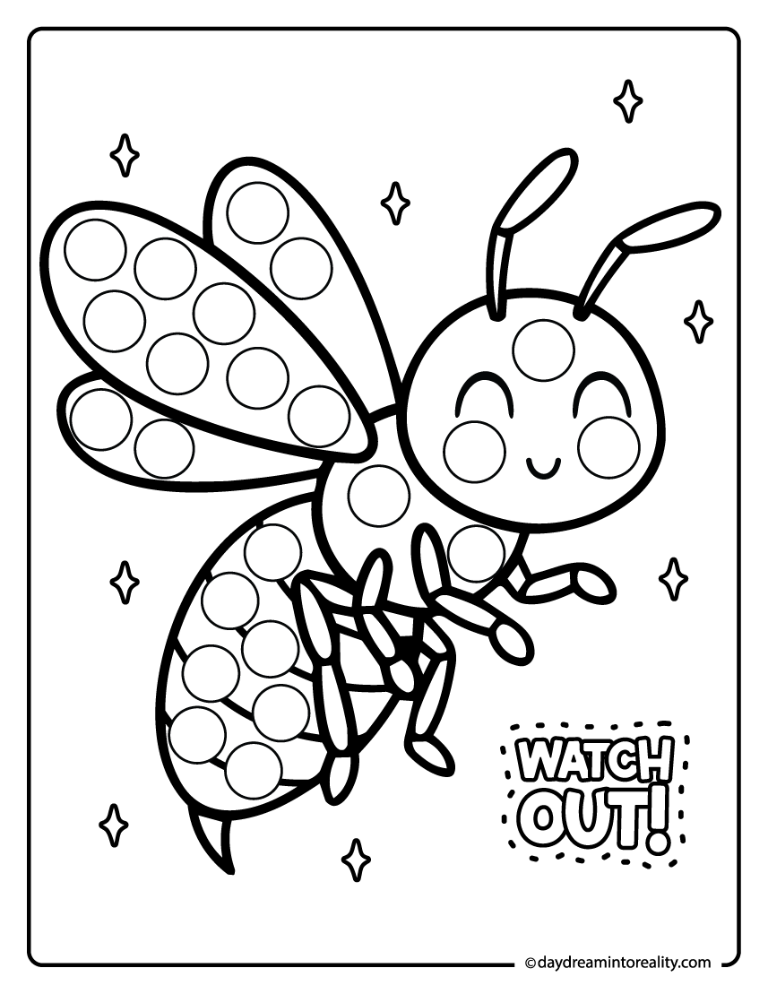 Wasp dot painting pages for preschool kids. This insect activity helps strengthen fine motor skills.