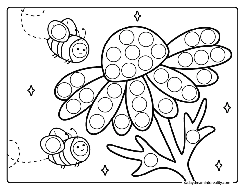 daisy with bees dot marker printable for preschool activity worksheet