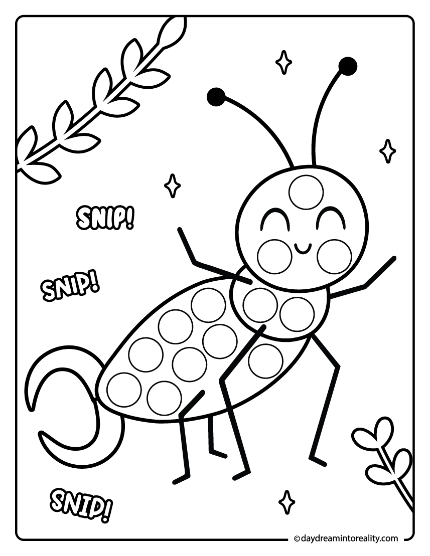 Earwig dot marker pages for preschool and pre-k kids. A simple bug activity designed to improve fine motor skills.