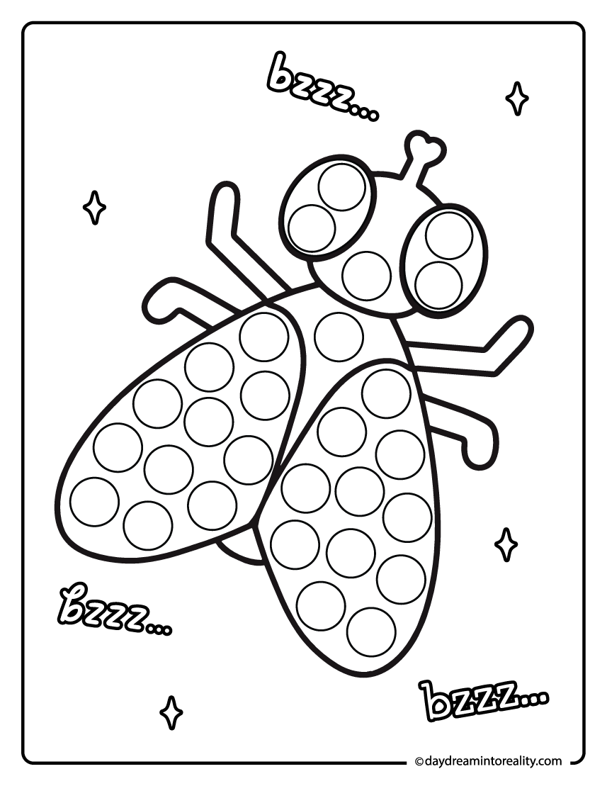 Fly dot marker pages for preschool kids. A simple insect activity to practice fine motor skills with dot markers.