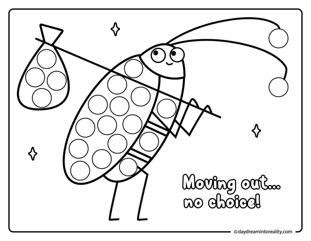 Funny bug moving out dot marker pages for preschool and pre-k kids. This playful dab a dot activity builds fine motor skills while kids decorate a silly insect carrying a bag.