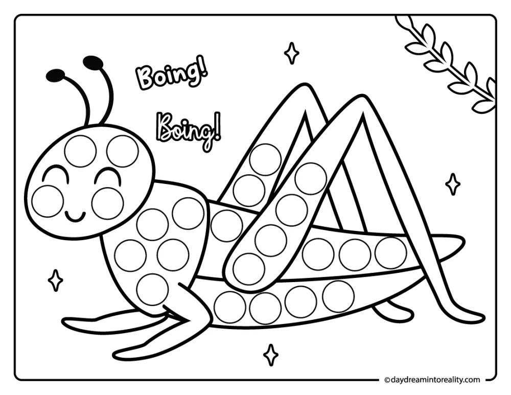 Grasshopper dot marker printable for pre-k kids. A jumping insect activity that supports fine motor skills.
