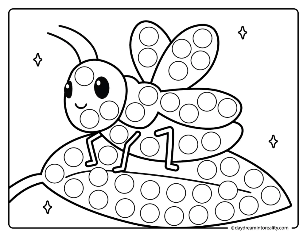 Grasshopper on leaf dab a dot activity for preschool and pre-k kids. A fun insect page that strengthens fine motor skills.