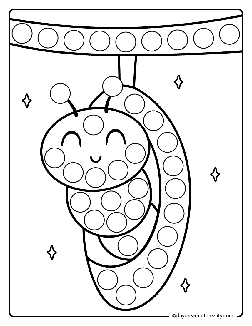 Hanging caterpillar dab a dot printable for preschool kids. A great fine motor skills activity for insect-themed learning.