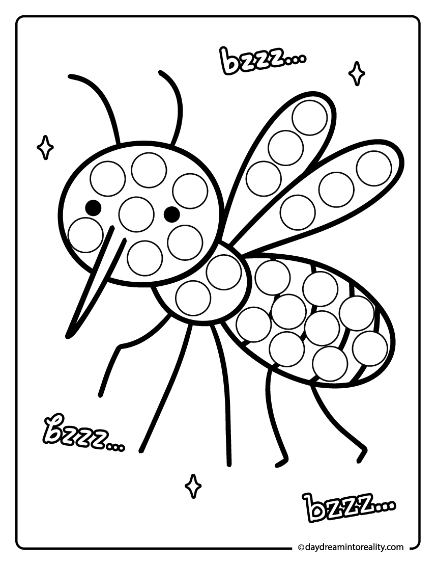 Mosquito dot painting pages for preschool and pre-k kids. A simple insect activity that helps improve fine motor skills.