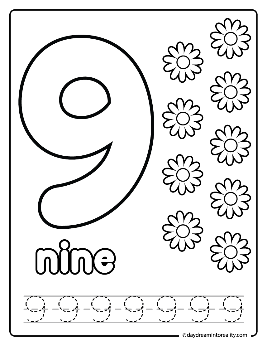 Number nine tracing and coloring worksheet with flowers illustration.