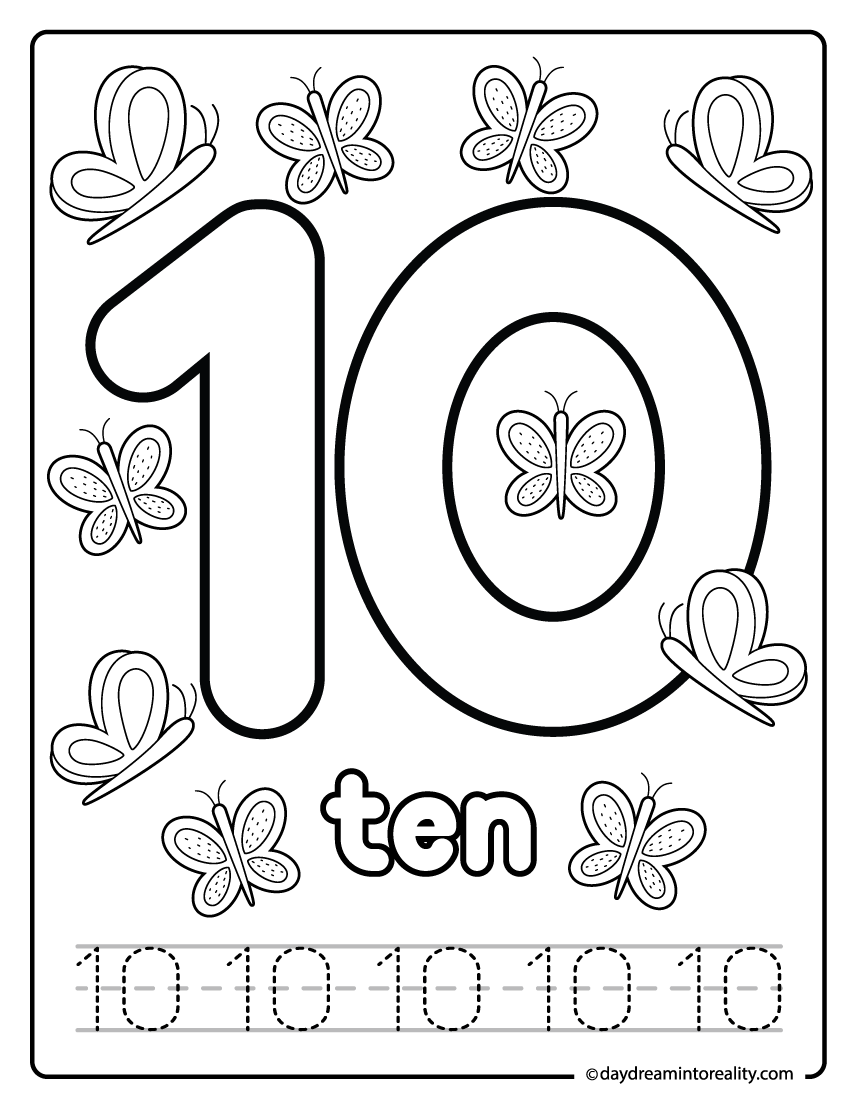 Number ten tracing and coloring worksheet with butterflies.