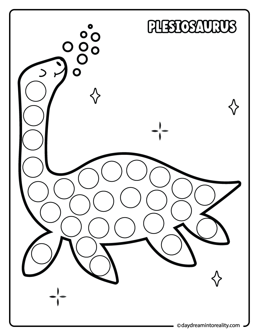 Plesiosaurus dot marker printable for preschool kids featuring a sea dinosaur with bubbles.