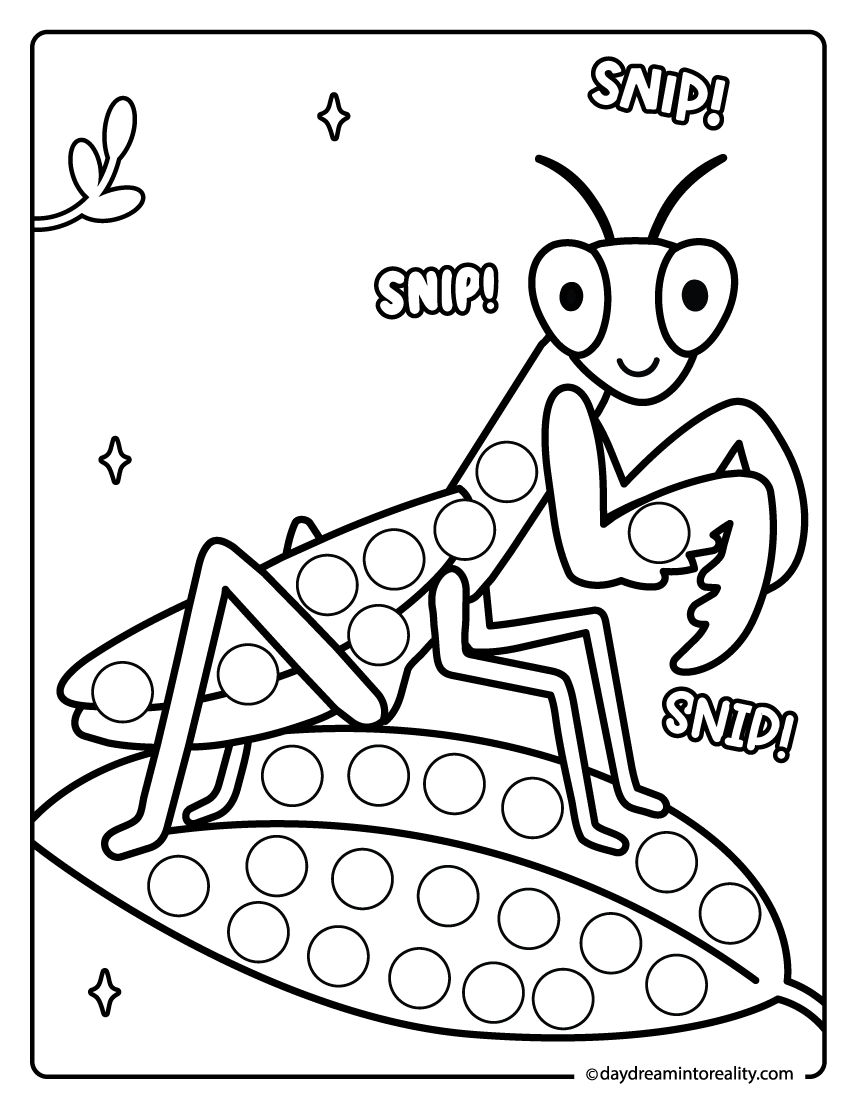 Praying mantis dot marker pages for preschool and pre-k kids. This insect activity helps build fine motor skills using dot markers or bingo daubers.