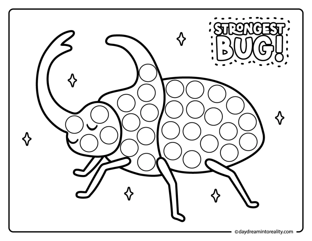 Rhinoceros beetle dot painting pages for preschool kids. This bug activity helps strengthen fine motor skills using dauber markers.