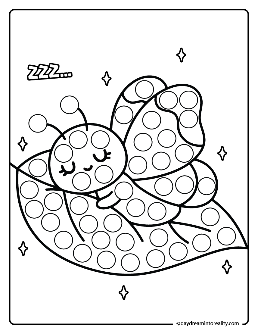 Sleeping butterfly dab a dot printable for preschool kids. This calm insect page supports fine motor skills and creative play.