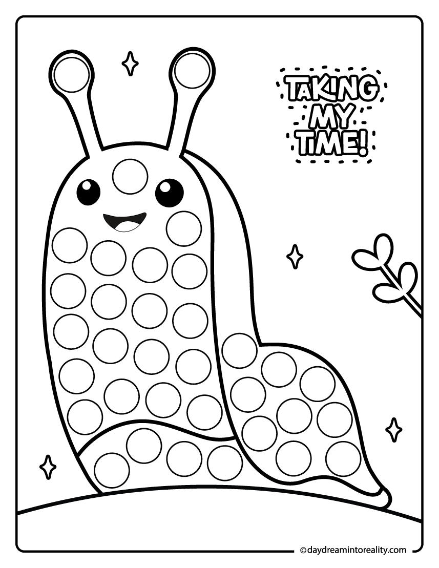 Slug dot painting activity for preschool and pre-k kids. This nature page helps develop fine motor skills with dauber markers.