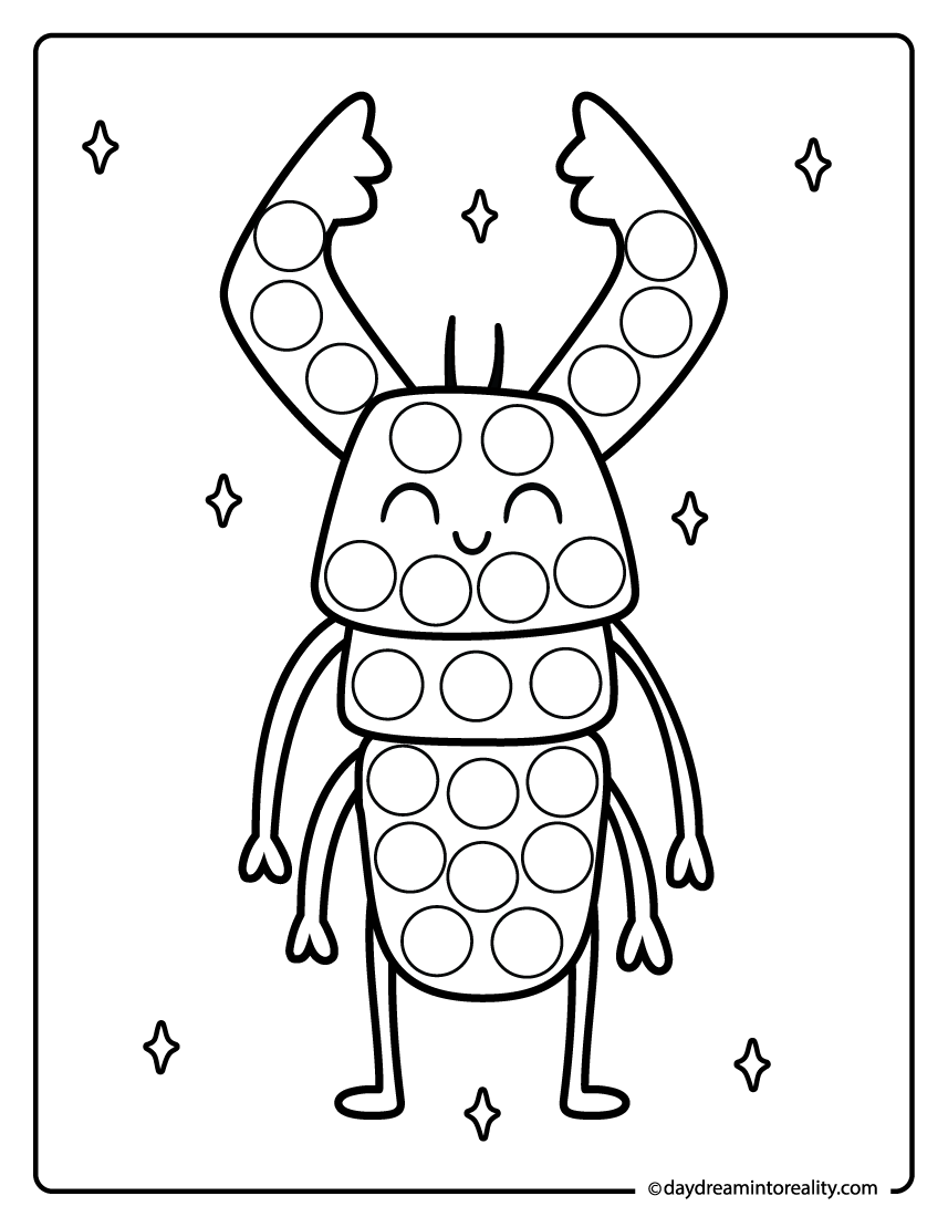 Stag beetle dot marker printable for preschool kids. This bug activity supports fine motor skills with easy dot placement.
