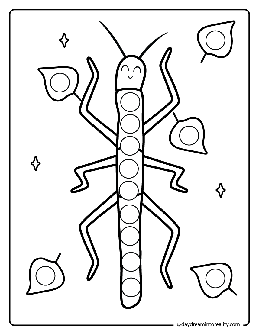 Stick bug dot painting printable for preschool kids. A nature-based activity that supports fine motor skills.