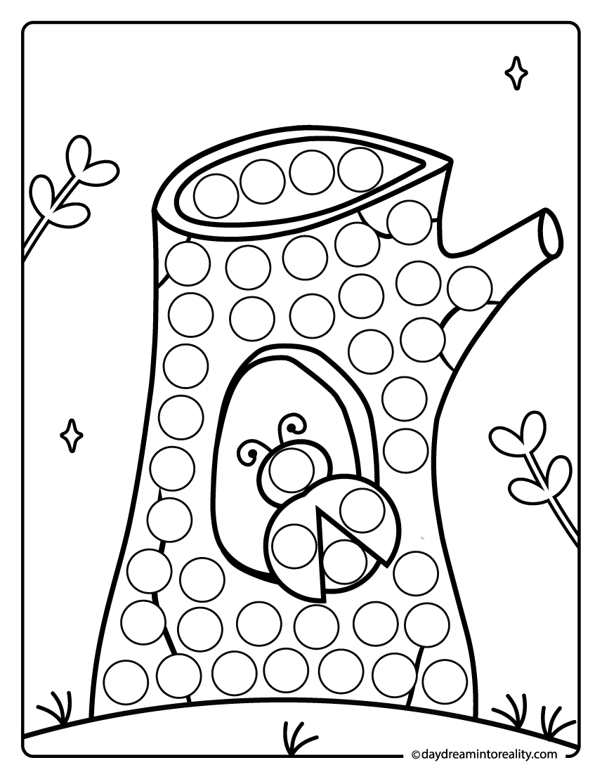 Tree stump with ladybug dot marker activity for preschool and pre-k kids. A fun nature scene that builds fine motor skills with dot painting.
